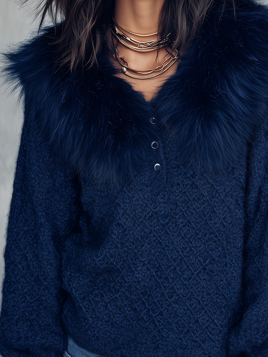 Luxe Navy Textured Knit Faux Fur Collar V-Neck Sweater