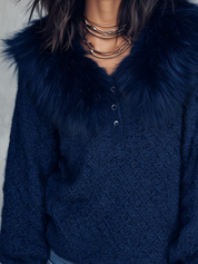 Luxe Navy Textured Knit Faux Fur Collar V-Neck Sweater
