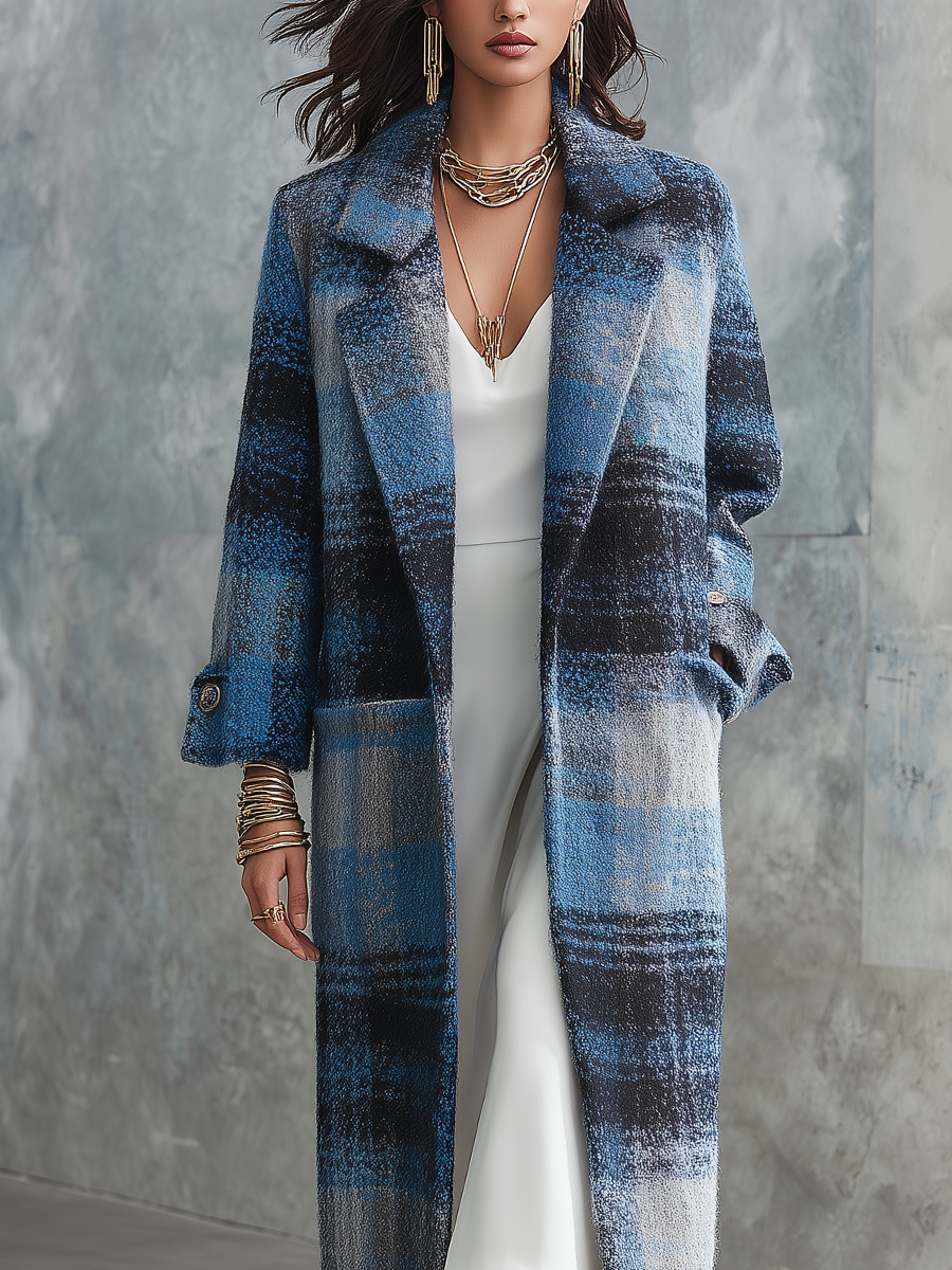 Classic Blue Plaid Lapel Long Coat
