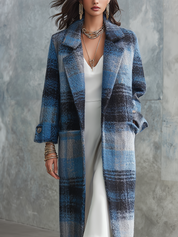 Classic Blue Plaid Lapel Long Coat