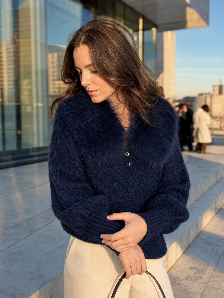 Luxe Navy Textured Knit Faux Fur Collar V-Neck Sweater