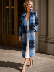 Classic Blue Plaid Lapel Long Coat