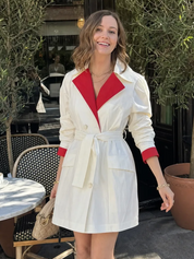 Modern Ivory Contrast Red Lapel Belted Trench Coat
