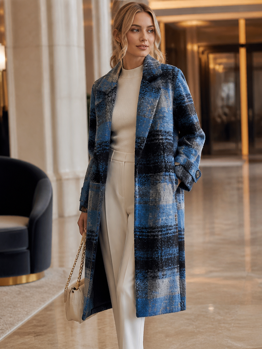 Classic Blue Plaid Lapel Long Coat