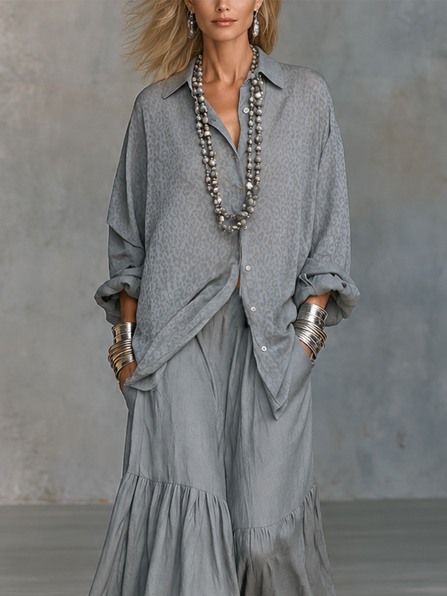 Women's Leopard Jacquard Oversized Shirt & Wide Leg Tiered Pants Two-Piece Set