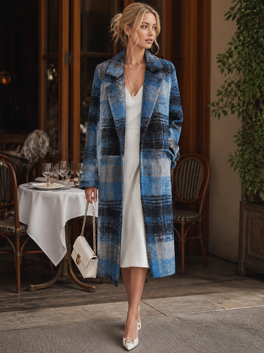 Classic Blue Plaid Lapel Long Coat