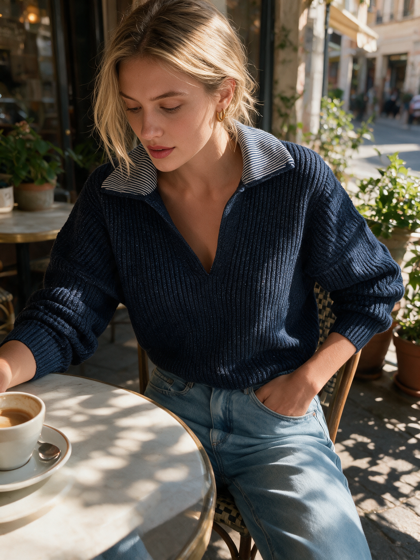 Relaxed Navy Ribbed Polo Knit Sweater Top
