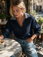 Relaxed Navy Ribbed Polo Knit Sweater Top