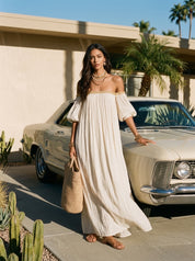 Bohemian Style Off-the-shoulder Pleated Ivory Long Dress