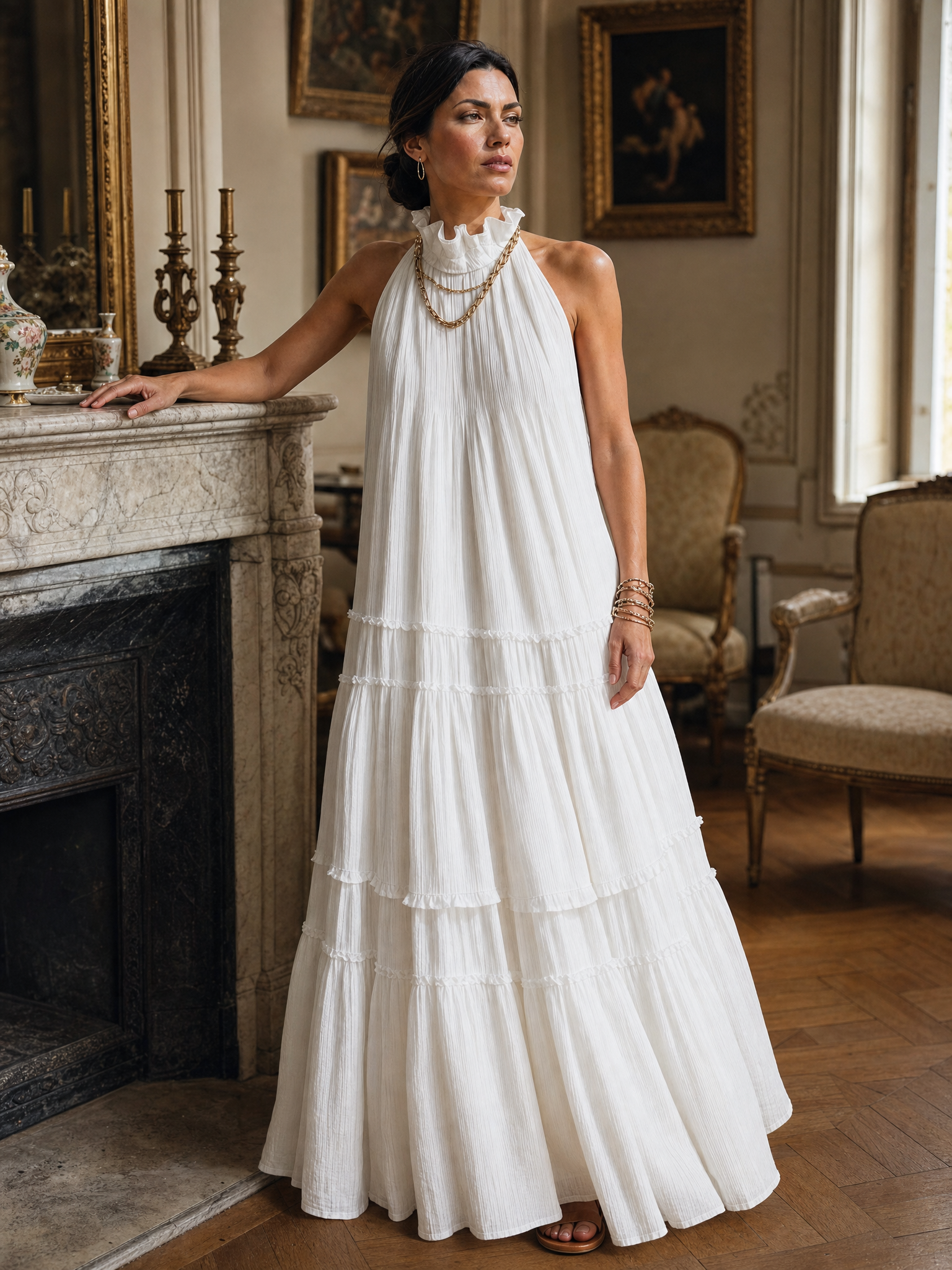 Airy High-Neck Tiered Bohemian Maxi Dress