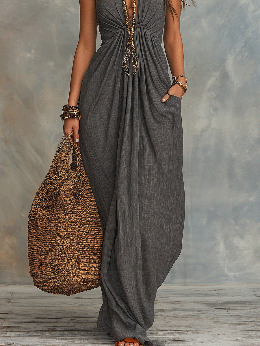 Refined Bohemian Draped Halter Maxi Dress