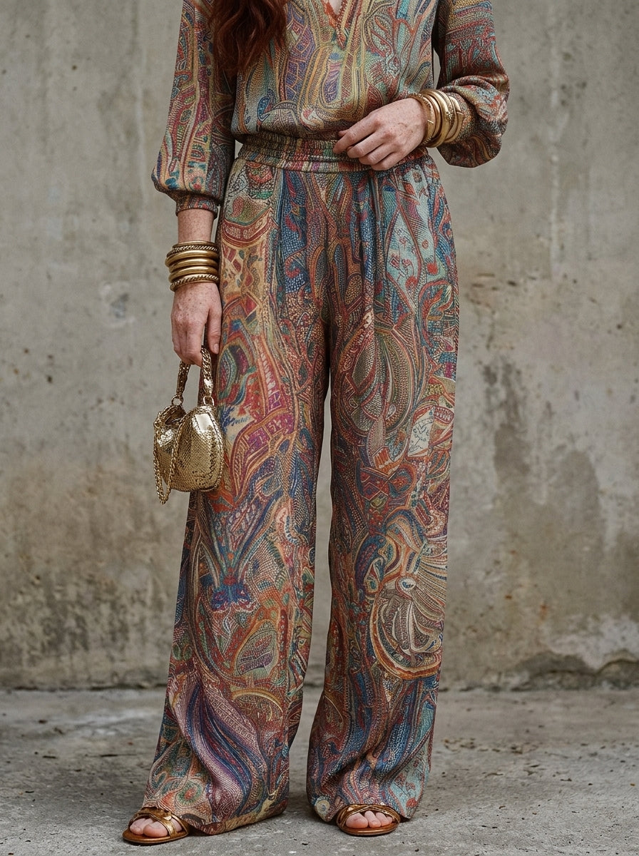Exquisite paisley print wide leg pantsuit