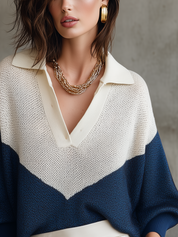 Modern Ivory Navy Color Block Knit Polo Collar Sweater