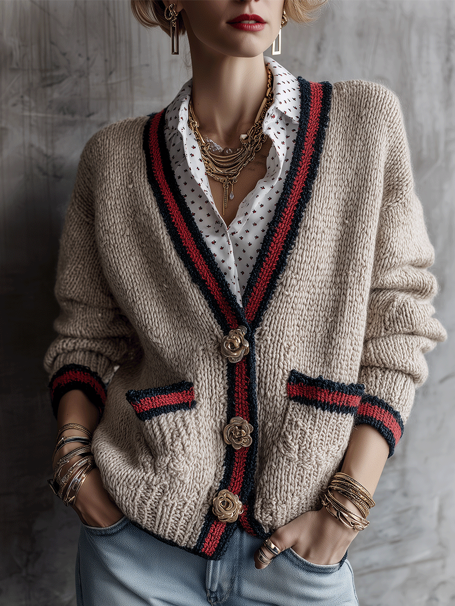 Women's Contrast Striped Trim Floral Buttons Knit Cardigan
