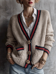 Women's Contrast Striped Trim Floral Buttons Knit Cardigan
