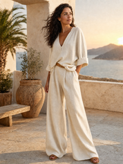 Off White Natural Linen Loose Fitting Resort Wear Set