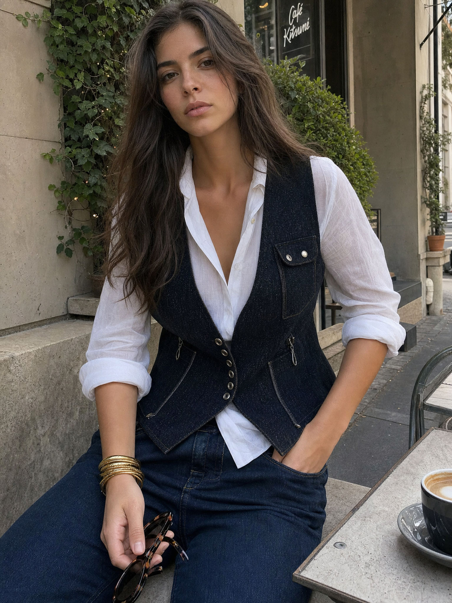 Effortless Chic Utility Denim Waistcoat Blouse