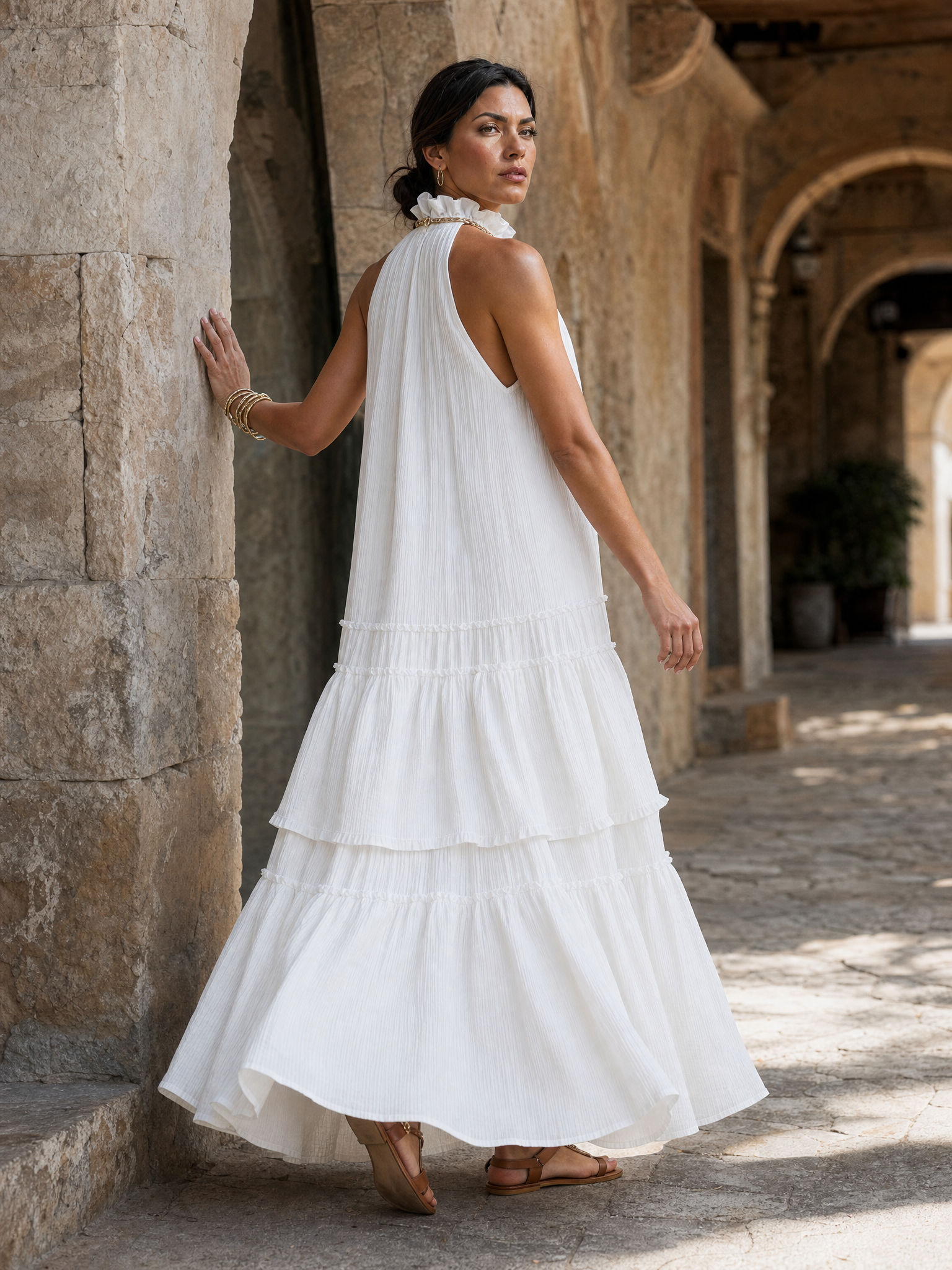 Airy High-Neck Tiered Bohemian Maxi Dress