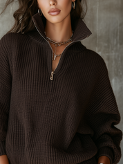 Chocolate Brown Knit Half-Zip Relaxed Pullover Sweater