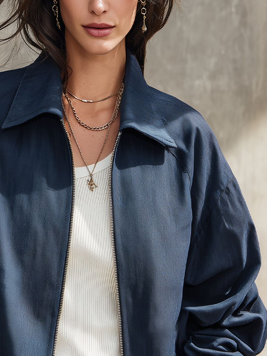 Dark Navy Blue Woven Collar Zipper Jacket