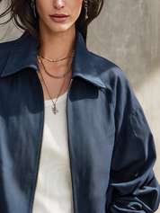 Dark Navy Blue Woven Collar Zipper Jacket