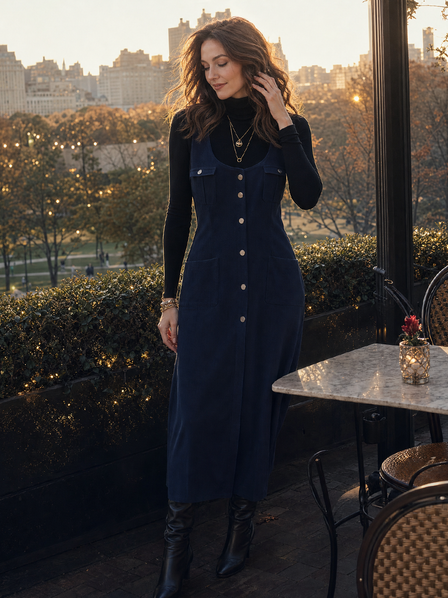 Navy Blue Button-front Sleeveless Long Dress