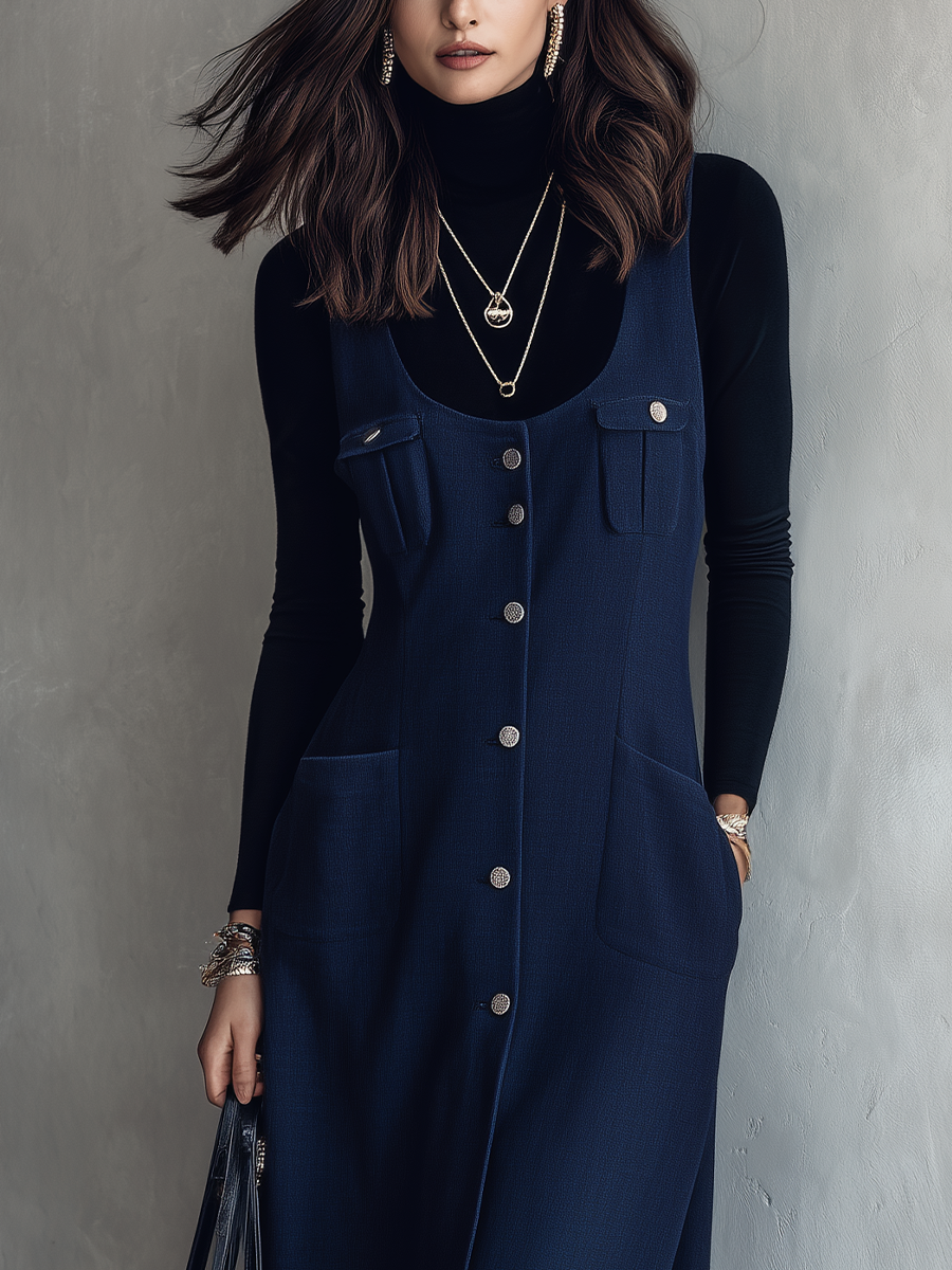 Navy Blue Button-front Sleeveless Long Dress