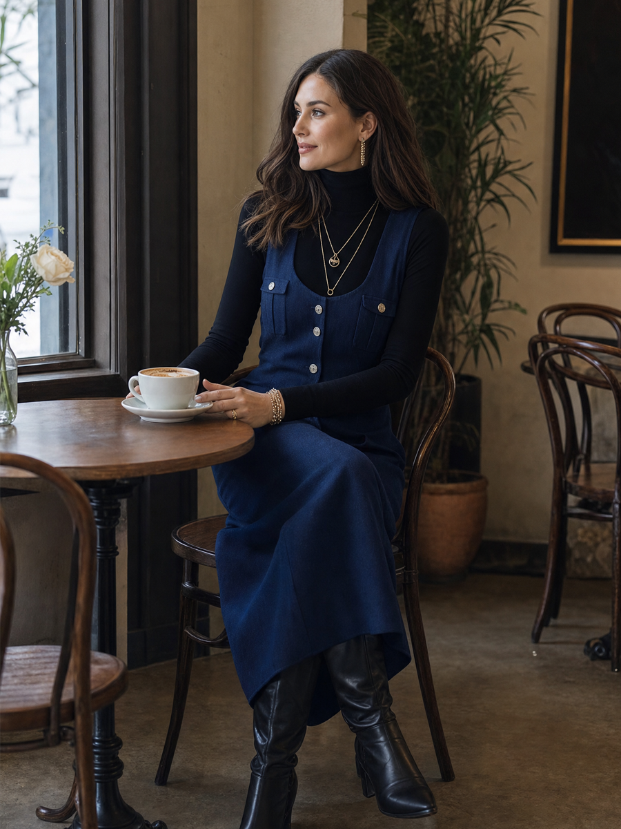 Navy Blue Button-front Sleeveless Long Dress