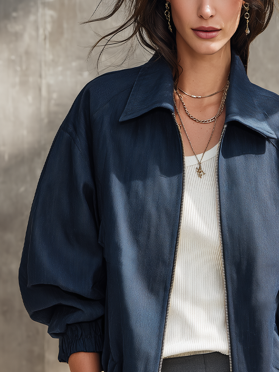 Dark Navy Blue Woven Collar Zipper Jacket