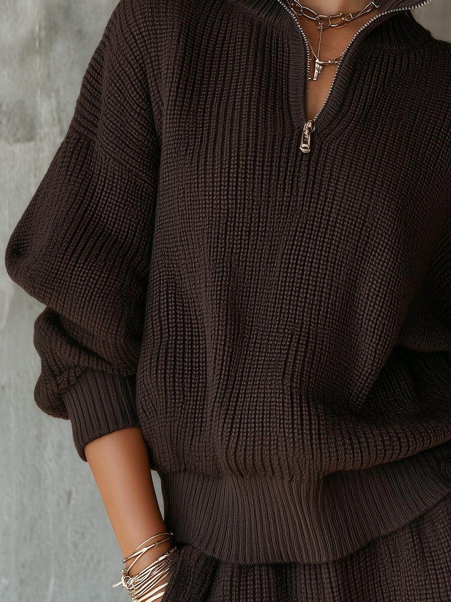 Chocolate Brown Knit Half-Zip Relaxed Pullover Sweater