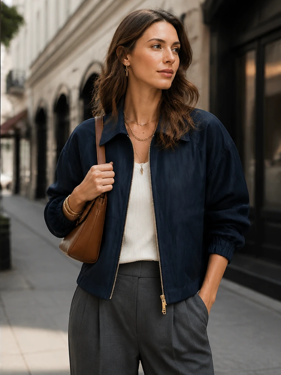 Dark Navy Blue Woven Collar Zipper Jacket