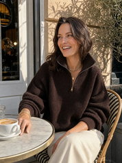 Chocolate Brown Knit Half-Zip Relaxed Pullover Sweater