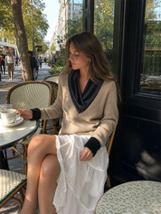 Quiet Luxe Satin Scarf Collar Knit Sweater Top
