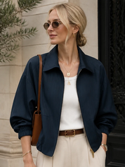 Dark Navy Blue Woven Collar Zipper Jacket