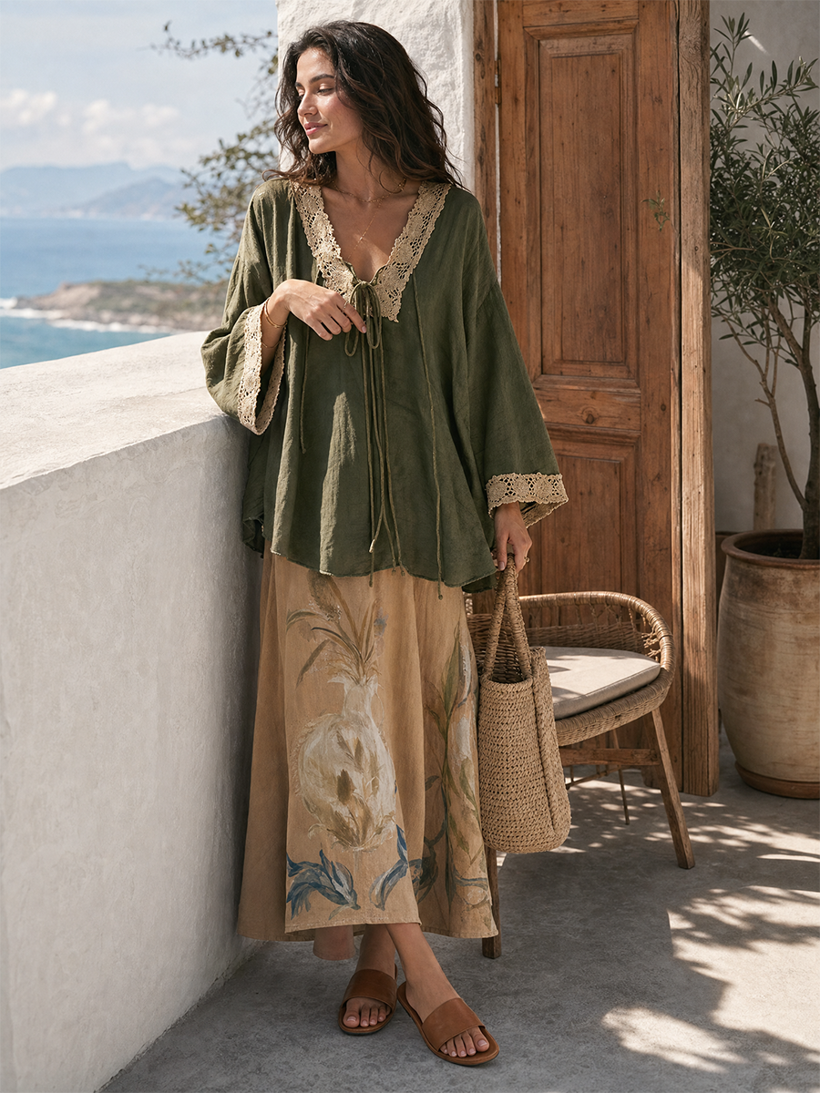 Boho Artisan Olive Lace Blouse & Watercolor Skirt Set