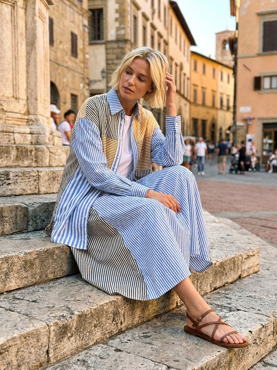 Artistic Resort Patchwork Stripe Shirt & Midi Skirt Set