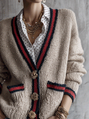 Women's Contrast Striped Trim Floral Buttons Knit Cardigan