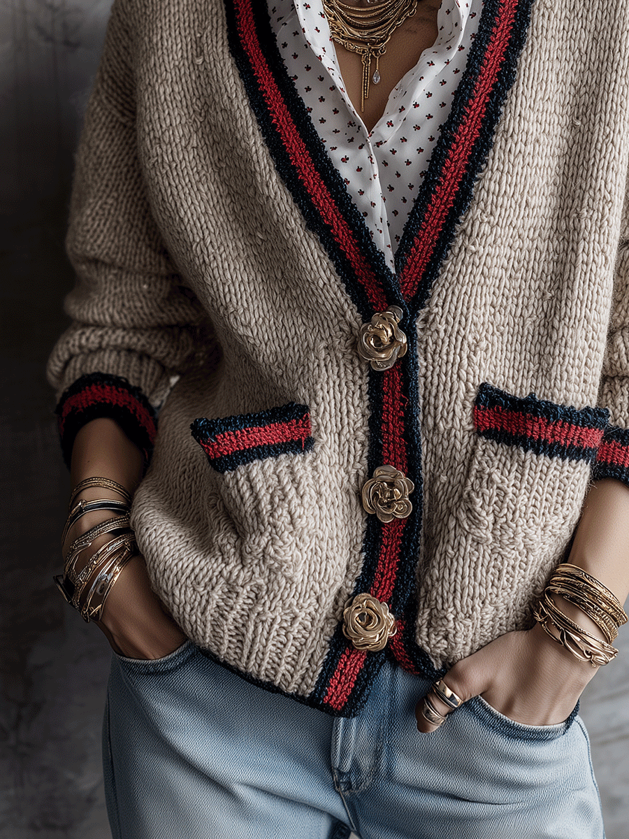 Women's Contrast Striped Trim Floral Buttons Knit Cardigan