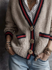 Women's Contrast Striped Trim Floral Buttons Knit Cardigan