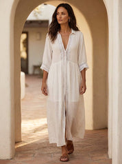 Vintage Lace-trimmed Cotton Linen Shirt Midi Dress