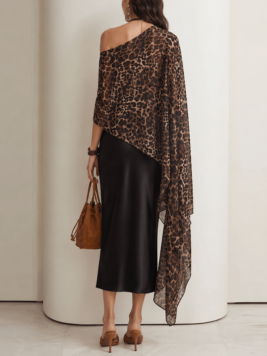 Glam Boho Leopard Chiffon Cape Top & Black Satin Maxi Skirt Set