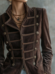 Women's Vintage Military Style Braided Trim Button Blazer Jacket