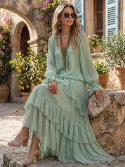 Bohemian Mint Chiffon Ruffle Blouse With Layered Skirt