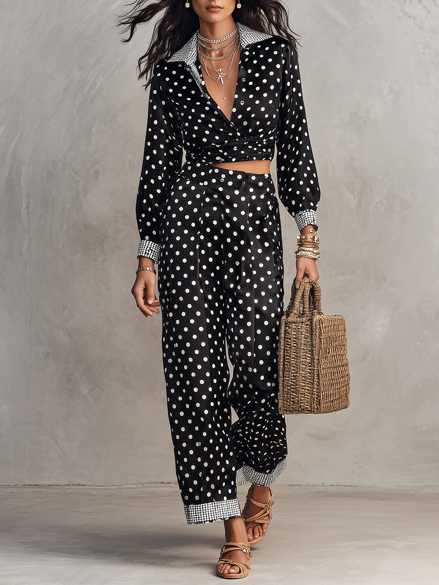 Polka Dot Print Long Sleeve Wrap Crop Top & Wide Leg Pants Two Piece Set
