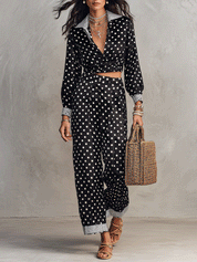Polka Dot Print Long Sleeve Wrap Crop Top & Wide Leg Pants Two Piece Set