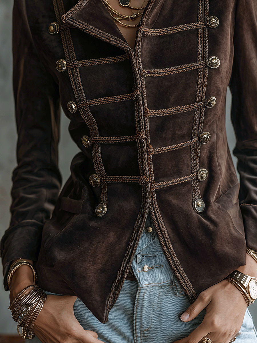 Women's Vintage Military Style Braided Trim Button Blazer Jacket