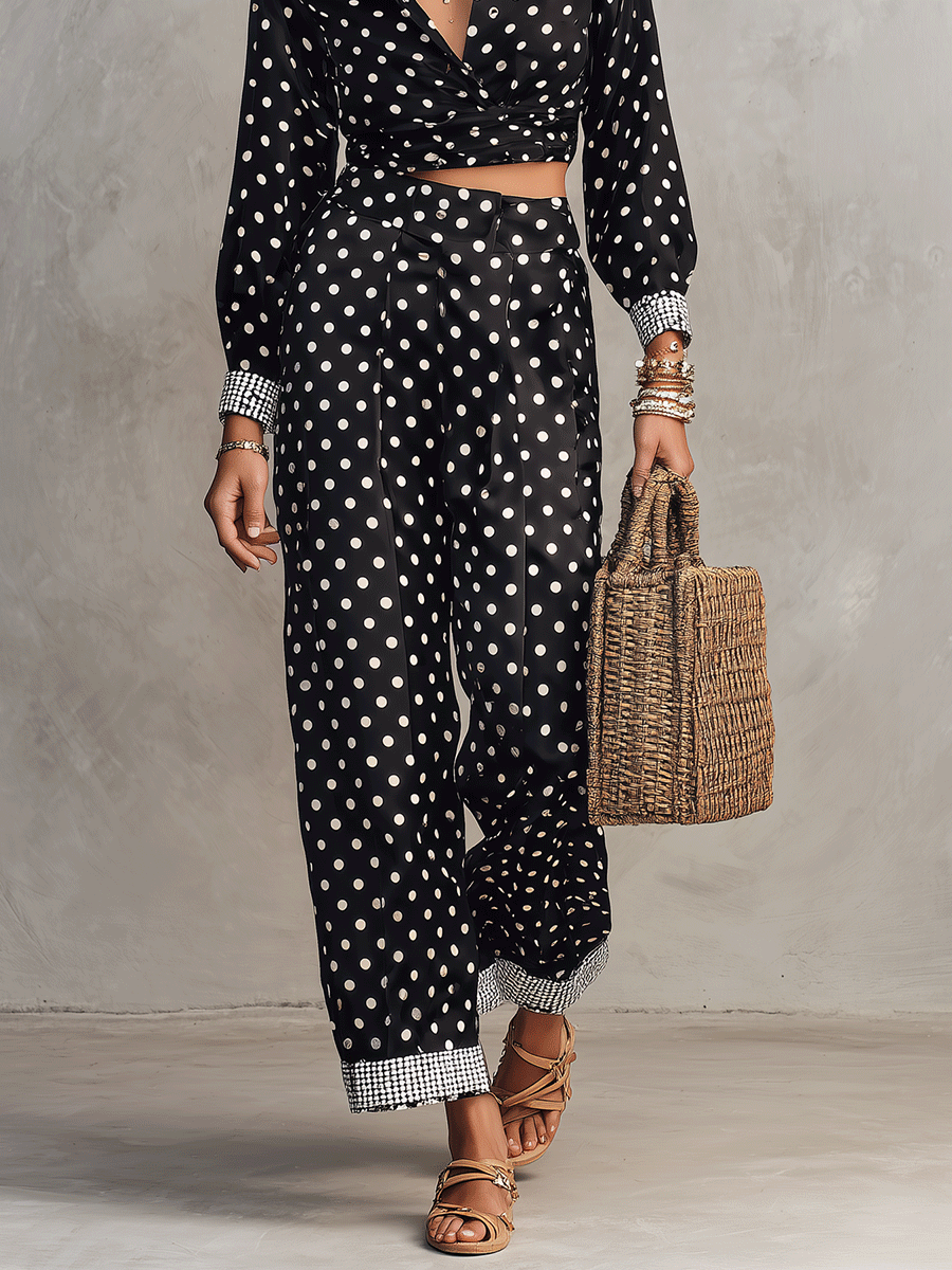 Polka Dot Print Long Sleeve Wrap Crop Top & Wide Leg Pants Two Piece Set