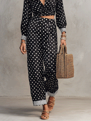 Polka Dot Print Long Sleeve Wrap Crop Top & Wide Leg Pants Two Piece Set