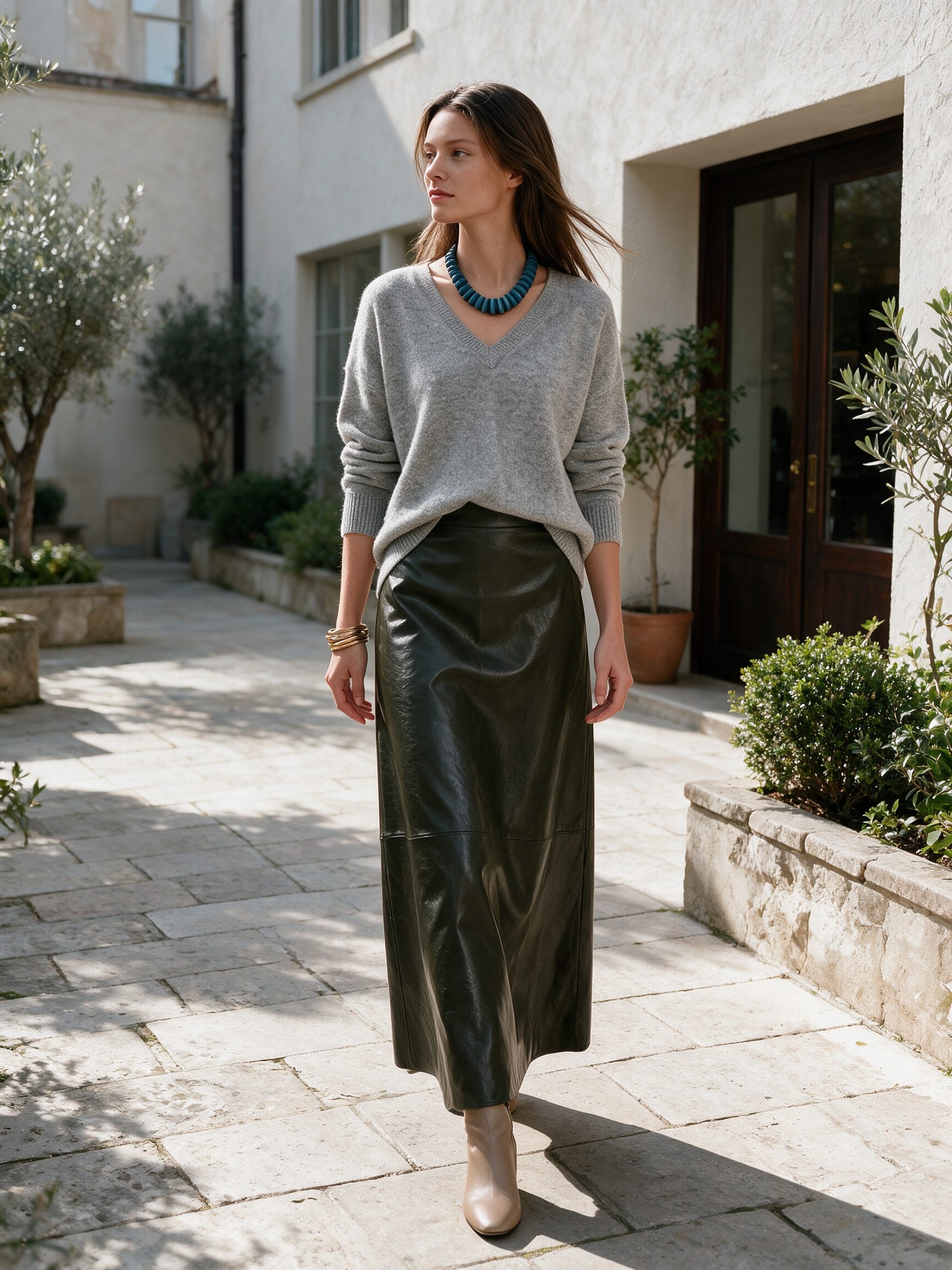 Ffortless Grey V-Neck Sweater & Olive Maxi Skirt Set