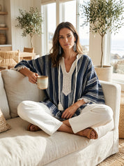 Women's Navy Striped Tassel-Tie Lace Trim Blouse